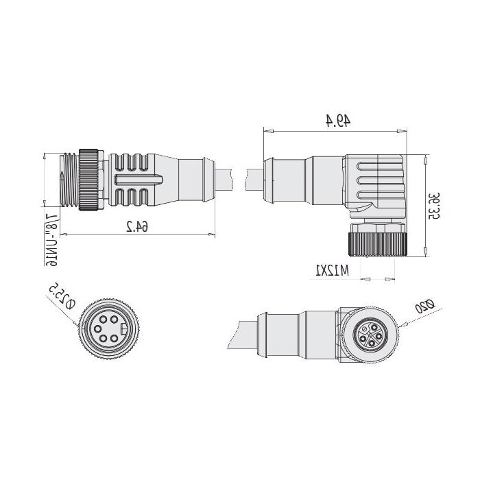 M12 5Pin female 90°、L-coded/ 7/8” 5Pin male straight、Double ended pre cast PVC non flexible cable、Gray sheathed、64L881-XXX